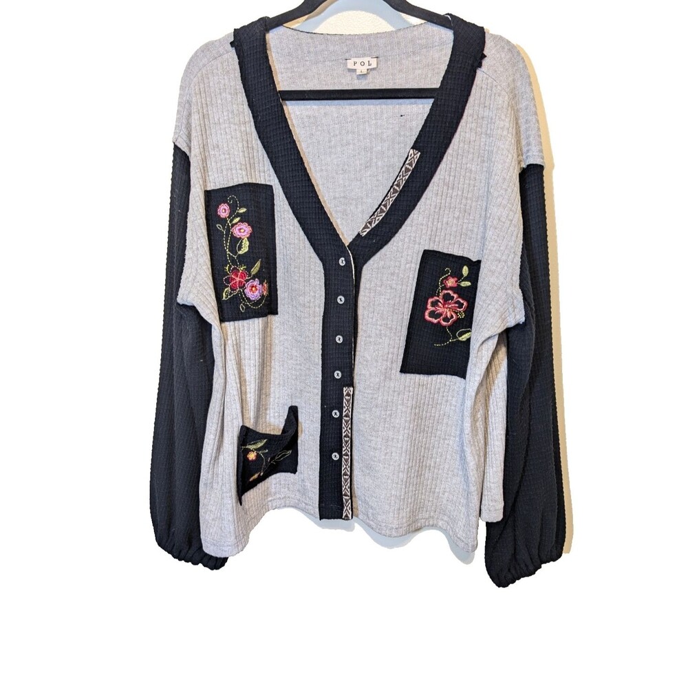 POL Women's Cardigan Sweater Knit Floral Embroidery Pocket Oversized Large